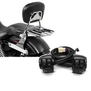 Set: Sissy Bar with Rear Rack detachable fits for Harley Davidson Dyna Super Glide Custom 06-15 chrome Craftride + Handlebar Control Switch fits for Harley Davidson Dyna Super Glide Custom 05-11 black Craftride