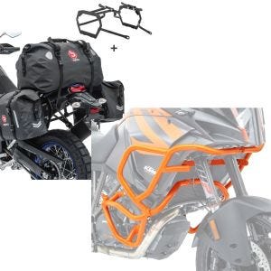 Set: Saddlebag Set WP8 compatible with KTM 1190 Adventure / R 13-16 + tail bag and supports Bagtecs + Engine Guard Set compatible with KTM 1190 Adventure / R 13-16 upper and lower part crash bars orange