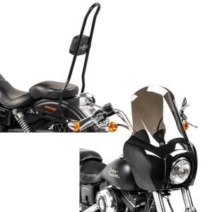 Set: Sissy bar XL for Harley Davidson Dyna Street Bob 09-17 Craftride SRL black + Fairing for Harley Davidson Dyna Low Rider / Street Bob MG5 Craftride with windshield black-light smoke