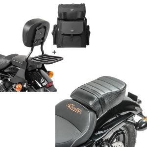 Set: Sissy Bar SB1 + Tail Bag compatible with chopper / custombikes 883 Iron 09-20 Craftride with rear rack detachable black + Passenger seat with padding compatible with Harley Davidson Sportster compatible withty-Eight 48/ 883 Iron Craftride
