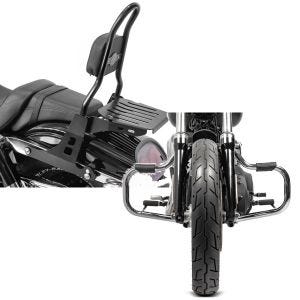 Set: Sissybar fits for Harley Davidson Dyna Fat Bob 10-17 Craftride Fast Rider-M incl. Rear rack black + Engine Guards fits for harley Davidson Dyna Fat Bob 08-17 Craftride Mustache chrome