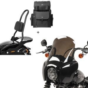 Set: Sissy Bar CSL + Tail Bag compatible with chopper / custombikes 18-24 Craftride with rear rack detachable + Headlight Fairing MG5 compatible with Harley Davidson Softail Street Bob 18-24 Windshield smoke Craftride