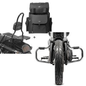 Set: Sissy bar CSL Fix + Tail Bag XL compatible with chopper / custombikes 10-17 with luggage rack black Craftride + Engine Guards compatible with harley Davidson Dyna Fat Bob 08-17 Craftride Mustache chrome