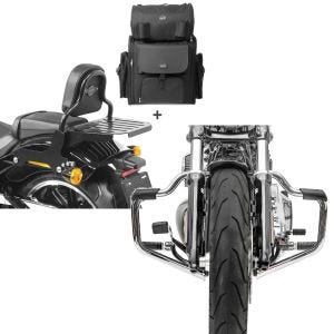 Set: Sissy Bar + Tail Bag for Cruiser S 18-24 Craftride with rear rack detachable CSS CB44066 + Engine Guard Mustache compatible with Harley Davidson Softail 18-24 Highway Bar 32mm chrome Craftride