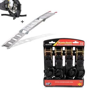 Set: Motorcycle aluminium loading ramp CS3 set wheel chock Easy Plus folding max 270kg + Motorbike Straps Set ConStands with ratchet and hooks incl 4x load loops in black