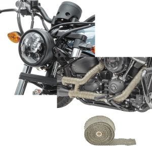 Set: LED Headlight 5.75" Inch Set Motorcycle Universal Headlamp Projector black Craftride C10 + Exhaust wrap for motorbike Craftride Heat shield tape10m titanium