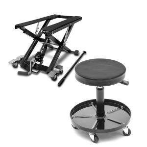 Set: Scissor Lift for Cruiser Hydraulic Jack ConStands Mid-lift XL black + Workshop stool on wheels ConStands WS2 workshop seat adjustable black CB39029