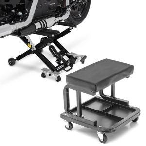Set: Motorbike Scissor Lift ConStands Mid-lift XL Hydraulic Jack 500kg in black + Workshop stool on wheels ConStands WS3 workshop seat black