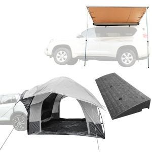 Rear tent car 1-2 persons ME64 grey + Curb ramp BR22 100cm + Awning for car / SUV / off-road vehicle 1.40m x 2m Vanit AM13 beige