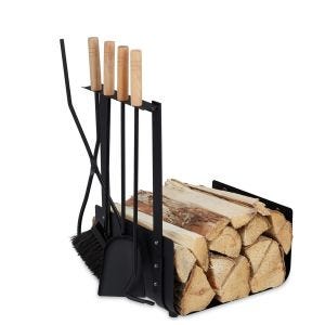 Firewood basket with fireplace cutlery 4-piece metal Divit fireplace accessories with shovel, ash brush, tongs and poker ME100 black