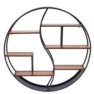 Wall shelf round wood with metal frame Divit floating shelf with 6 shelves 68cm diameter RE15 black
