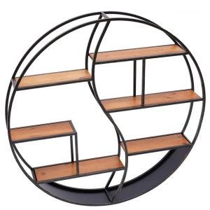 Wall shelf round wood with metal frame Divit floating shelf with 6 shelves 68cm diameter RE15 black DPL1