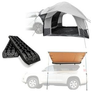 Off Road Recovery Tracks Tred BB1 black + Rear tent car 1-2 persons ME64 grey + Awning for car 1.40m x 2m  Vanit AM13 beige