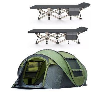 2x Camp Bed Vanit FB26 Sun Lounger Foldable Camping Bed Black + 4-5 Person Camping Tent Vanit PZ3 Throw-Up Pop-Up Tent