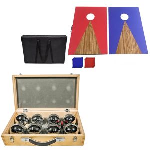 Boule set Cranit in wooden case 8 Boule Pétanque balls including piggy target ball RE65 + Outdoor cornhole game CS2 cornhole boards made of wood red / blue NEW