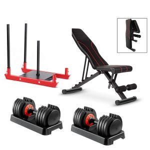 Multifunctional incline bench VS1 Adjustable weight bench + 2x Adjustable dumbbell VH1 dumbbell set with multiple levels + Weight sled Divit GS1 Sled Fitness Black