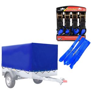 Set trailer tarpaulin waterproof with rubber strap + 4x tensioning straps with ratchet and lashing loops Vanit PS2 blue